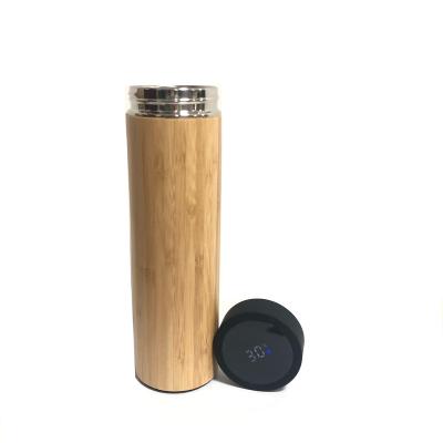 China Hot Selling PORTABLE Stainless Steel Desktop Mug Wooden Water Bottle With LED Temperature Display Double Wall Vacuum Flask Thermos for sale