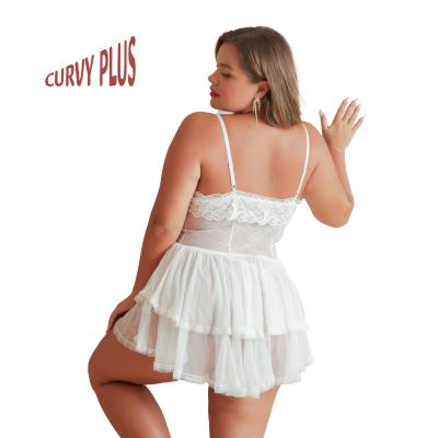 China Plus Size 5XL 2022 Sexy Lingerie Factory White G-String 2pcs Set Strap Ribbon Dress Two Layer Lace Sexy Nightgowns Women Pretty for sale