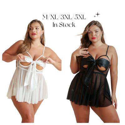 China Plus Size Bow STRETCH Babydoll Set With T-back G-String Escort Nightwear Sex Video Dress Sexy Lingerie One Piece Lace Up Mesh Ribbon 2022 for sale