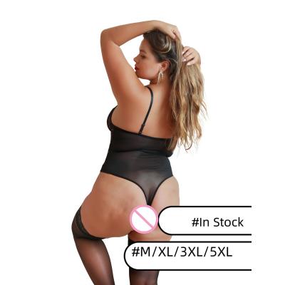 China STRETCH V Waist Deep Lace Bodysuit Plus Size Fits Lingerie Strap Black Ribbon Black Jumpsuit Sheer Spandex Jumpsuit For Women for sale