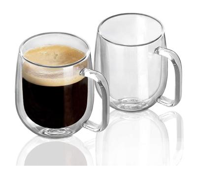 China Sustainable Design Double Wall Glass Private Wall Double Cup Glass Mug With Handle Coffee Mugs for sale