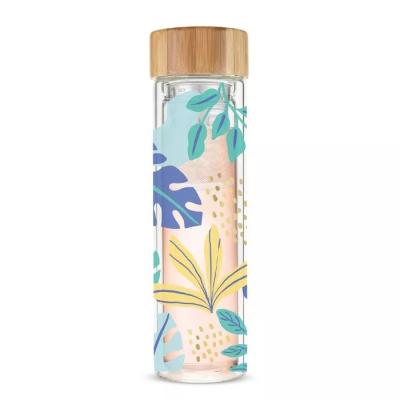 China Sustainable Double Wall Glass Water Bottle With Bamboo Lid Glass Travel Infuser Mugs for sale