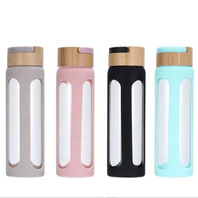 China New Design Sustainable Hot Selling Glass Water Bottle With Protective Borosilicate Lid Sleeve And Bamboo Glass for sale