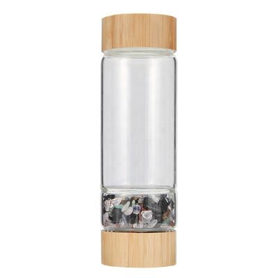 China Sustainable New Design Sports Glass Bottle Lid Bamboo Water Bottle With Nature Crystal Stone for sale