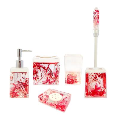 China Sustainable Acrylic Toilet Brush Soap Dispenser S/5 Tumbler Filled Dry Flower Bathroom Accessories Set for sale