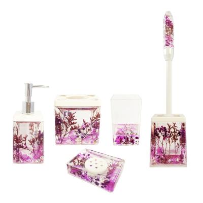 China Viable Dry Square Acrylic Flower Tumbler Soap Dish Toothbrush Holder Dispenser Bathroom Set For Decoration for sale