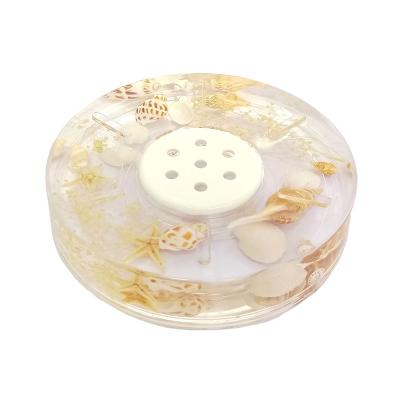 China Water Draining Efficiency Round Clear Acrylic Soap Dish Holder Soap Tray Water Draining Tray Ocean Shells Design Fashionable Hotel Restroom Accessories for sale