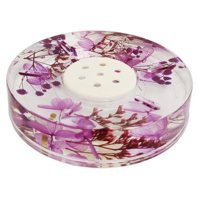 China Water Draining Acrylic Efficacy Round Soap Dish Tray Holder Water Self-Draining Soap Tray Purple Dried Flower Soap Box Fashion Hotel Toilet Accessory for sale