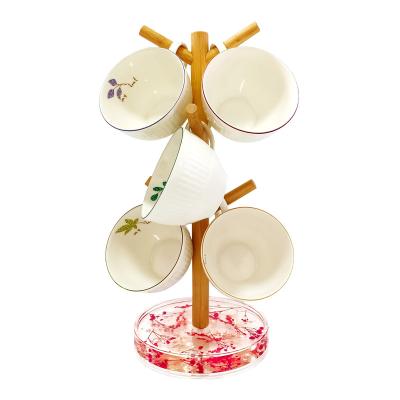 China Viable Wooden Tree Bamboo Stand Coffee Cup Holder Acrylic Disc Base Mug Storage Rack for sale