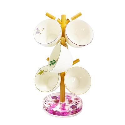 China Sustainable Bamboo Stand Tree Stand Coffee Mug Holder Acrylic Disc Tea Cup Drying Organizer Mug Holder for sale