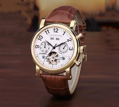 China Custom Automatic Date Tourbillon Chronograph Men Automatic Mechanical Leather Wristwatches for sale