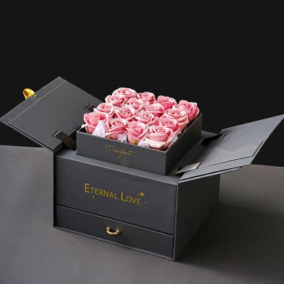 China High End Recycled Materials Paper Gift Box Flower Jewelry Black Rose Double Door With Drawer Packaging Flower Gifts Box for sale