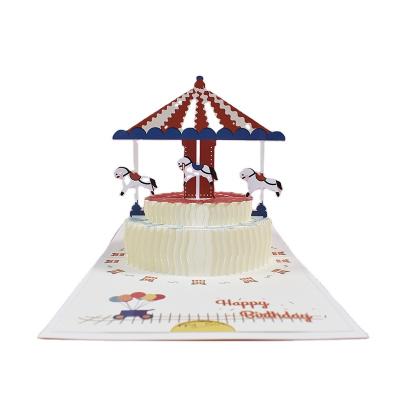 China Europe 3D Greeting Card Creative Birthday Handmade Paper Carving Birthday Card Carousel Cake for sale