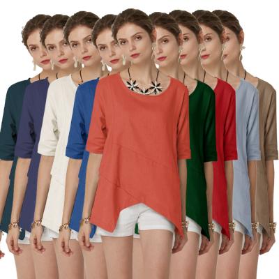 China 2021 European and American women's cotton anti-pilling stains and plain linen shirt solid color round neck tops for sale