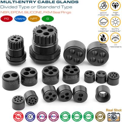 China Prensa-cabos plásticos multi-furos (multi-entradas) IP68 com rosca PG ou métrica para quadros elétricos à venda