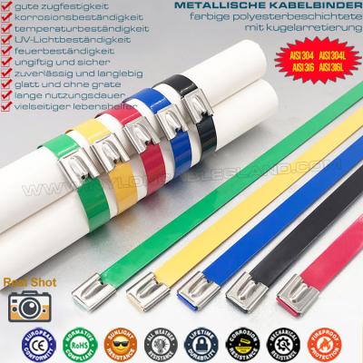 China Colored Epoxy (Polyester) Coated 304 Stainless Steel Cable Tie 12x300mm, 316 Stainless Metal Tie Wraps 490lbs for Pipes Te koop