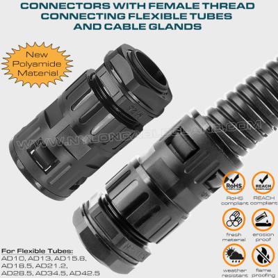 China Internally Threaded Straight Connectors (Tube Connectors) Nylon 6 Black Connecting Flexible Tubes AD10~AD42.5 & Metric/PG Cable Glands for Cable Protection for sale