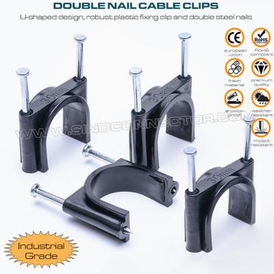 China Double Nail Cable Clips (Double Nail Pipe Clips), Round Type, Two Steel Nails, Polyethylene, White/Black, 30mm~50mm, For Large Cables for sale