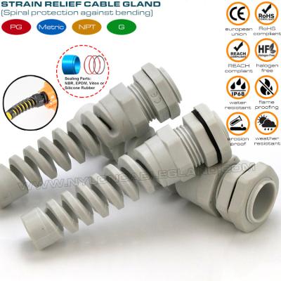 China Prensa-cabo espiral /conector de glândula bucim flexível com alívio de tensão espiral nylon (poliamida) 6 PG11 IP68 para cabo de 5-10mm à venda