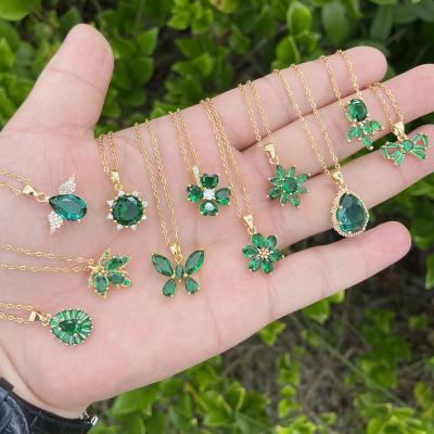 China Hot Selling Europe and America Cheap Emerald Zircon Necklace Copper Micro Inlaid Butterfly Pendant Necklace Crystal Flower Clavicle Chain Necklace for sale