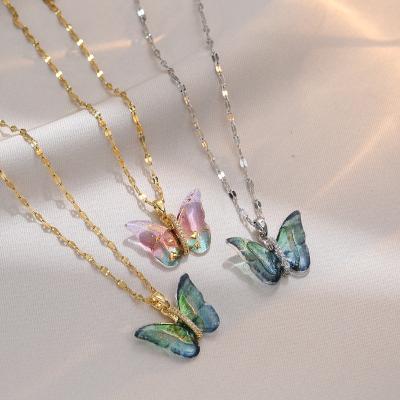 China Europe and America Designed Diamond Flat Chain Micro Paved Glass Zircon Butterfly Necklace Butterfly Pendant Necklace for Woman for sale