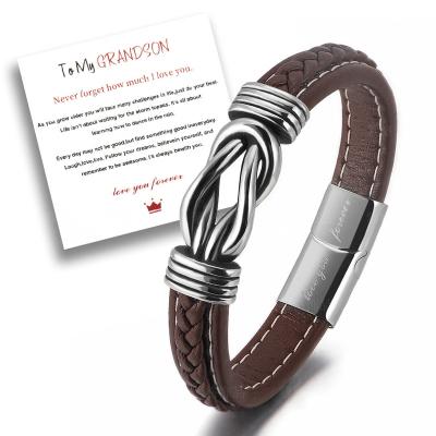 China CLASSIC Trendy Braided Bracelets Men Stainless Steel Charm Leather Bracelets To My Son Grandson Fashion Jewelry Bracelets for sale