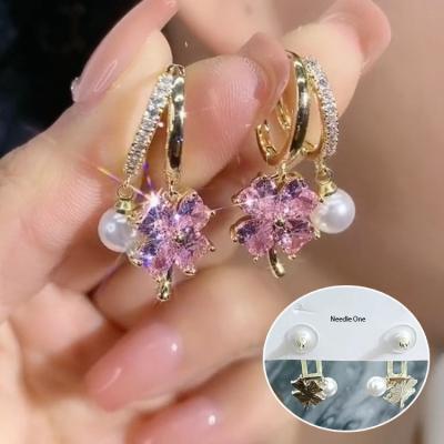 China Other Purple Crystal Four-Leaf Flower Pearl Earring Fashion Jewelry Clover Earrings Women's Luxury Purple Earring for sale