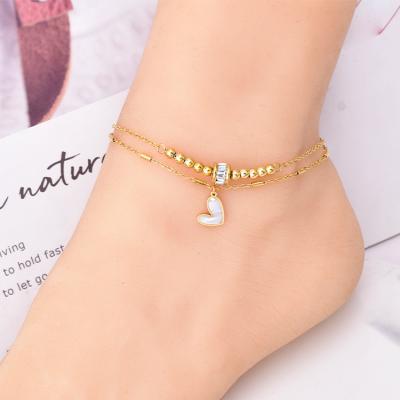 China Punk Gold Beaded Anklets Lucky Beads Zircon Double Layer Heart Shaped Anklets For Women 18K Gold for sale