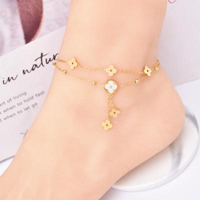 China Wholesale Punk Flower Anklet Double Layer 18K Gold Plated Anklets For Women Non Tarnish Lucky Clover Tassel Fashion Jewelry Anklets for sale