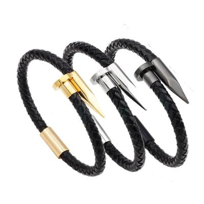 China Hiphop Stainless Steel Handmade Black Magnetic Genuine Bangle Leather Bracelet 18k Gold Plated Spike Shape for sale