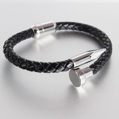 China Fashionable Spike Shape Designer Handmade Magnetic Genuine Leather Silver Plated Stainless Steel Cuban Link Mens Bracelet for sale