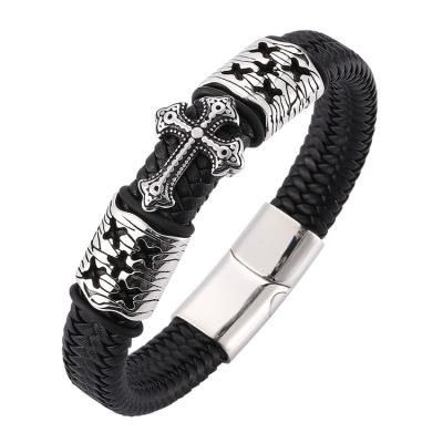 China Factory Price Men's Spiritual Braided Leather Bracelet Hip Hop Luxury Custom Brand New Cross Cross for sale