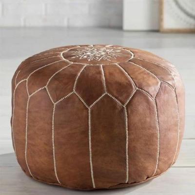 China Foldable Round Moroccan Pouf Ottoman Stool Brown Leather Pouf for sale