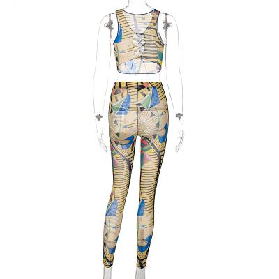 China 2021 Summer Women's New Style Mesh QUICK DRY Printed Sleeveless Tight Suit Cross Pants for sale