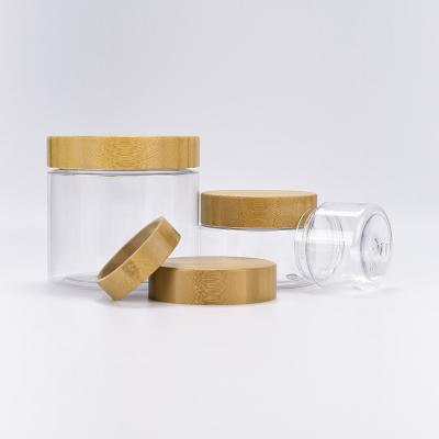 China Clear Clear Cosmetic Empty PET Container 80ml 100ml 120ml 150ml 200ml 250ml Plastic Jar With Bamboo Lid for sale