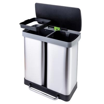 China Wholesale Stocked Stainless Steel Trash Can 60L Kitchen Foot Trash Double Step Waste Bin for sale