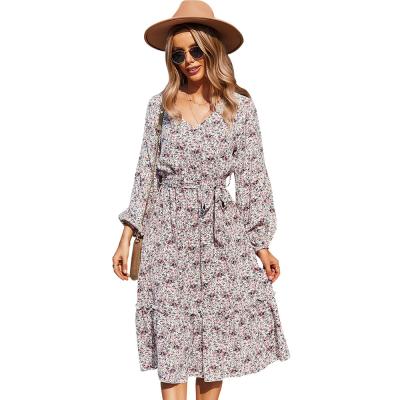 China Floral Print Summer Ruffle Chiffon Style Vacation Anti-pilling Loose Dress Long V-Sleeve Collar for sale