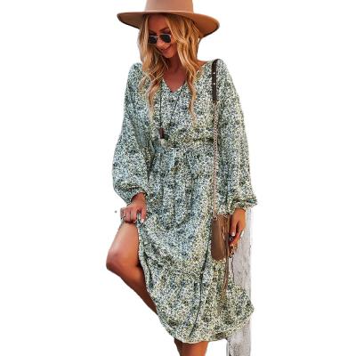 China Anti-Static Casual Loose Dress Vintage Floral V-Neck Bow String Waist Knee Length Dress Anti-static Vintage Floral Casual Dresses for sale