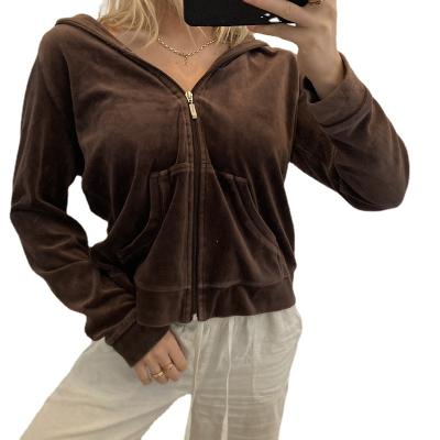 China Custom Anti-Wrinkle Women Zipper Fleece Jacket Hoodies Brown Velvet Hoodie Women Zip Short Hoodie for sale