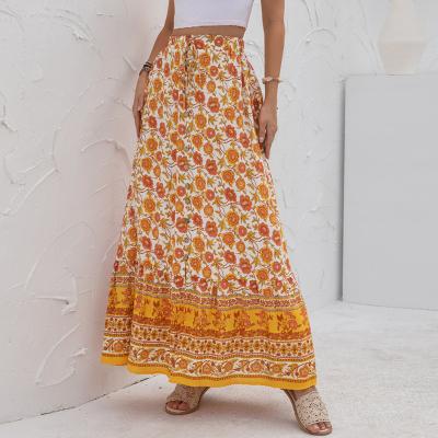 China Spring Breathable Summer High Waist Drawstring Split Skirt Elegant Floral Print Mini Skirt Mid Length Skirt For Women for sale