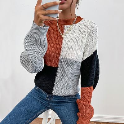 China Breathable Fashion Knitted Round Neck Color Block Pullover Sweater Knit Sweater Custom Slim Women Multi Color Sweater for sale