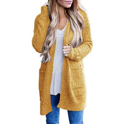 China Breathable Solid Color Fleece Double Pockets Cardigan Sweater Long Winter Fall Fur Cardigans For Women for sale