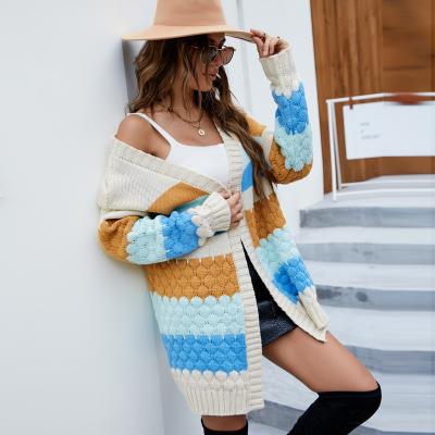 China Mid Length Breathable Knitted Striped Color Block Sweater Women Vacation Sweater Ladies Cardigan Long for sale