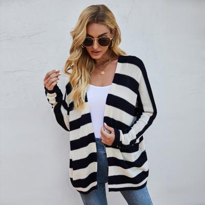 China Autumn Spring Bat Breathable Sleeve Knit Loose Cardigan Jacket Custom Knitted Stripped Sweater for sale