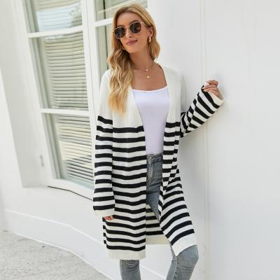 China Autumn spring breathable striped color knitted cardigan coat sweater striped cardigan cardigan long long for sale