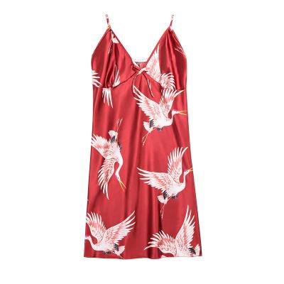 China Crane Pattern Satin Slip Dress QUICK DRY Women's Red-Crowned Long Lingerie Sleep Wear for sale