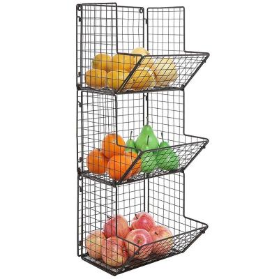 China Cheap Modern Black Wall Mounted 3 Tier Metal Fruit Basket Floor Rack Storage Basket Viable for sale