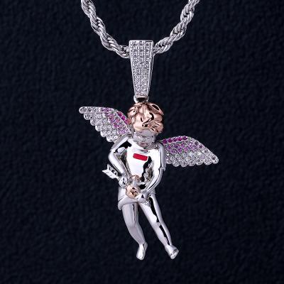 China Wholesale CLASSIC Hip Hop Angel White Gold Plated Iced Out Diamond Vintage Silver Angel Pendant Necklace Charm for sale