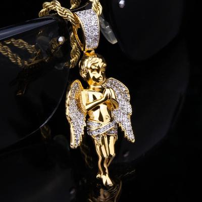 China CLASSIC Hip Hop Jewelry 18k Gold Plated Iced Out Trend Micro Pave CZ Angle Wings Pendant Necklace for sale