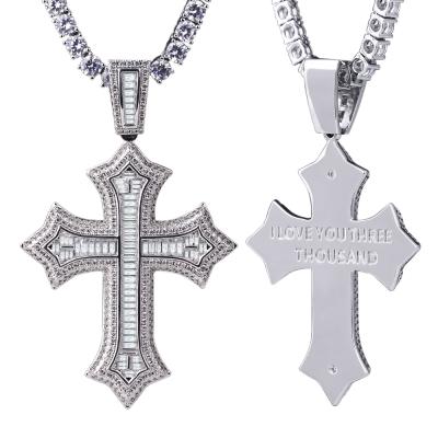 China CLASSIC Hip Hop CZ Shiny Stone White Gold Iced Out Cross Baguette Diamonds Pendant Chain for sale